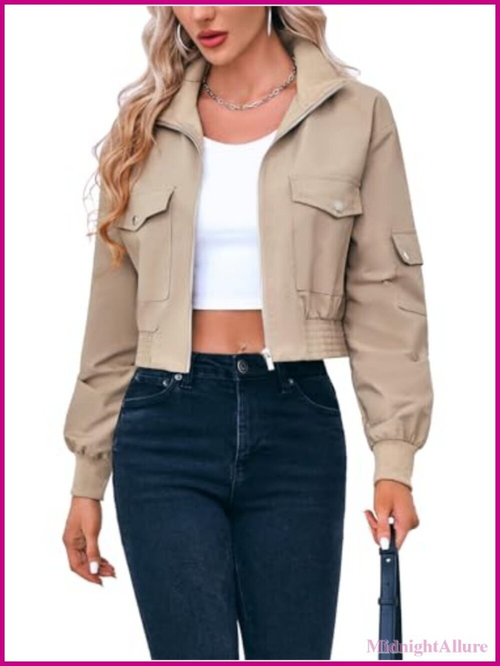 Women's Lightweight Cropped Bomber Jacket Zip Up Stand Collar Long Sleeve with